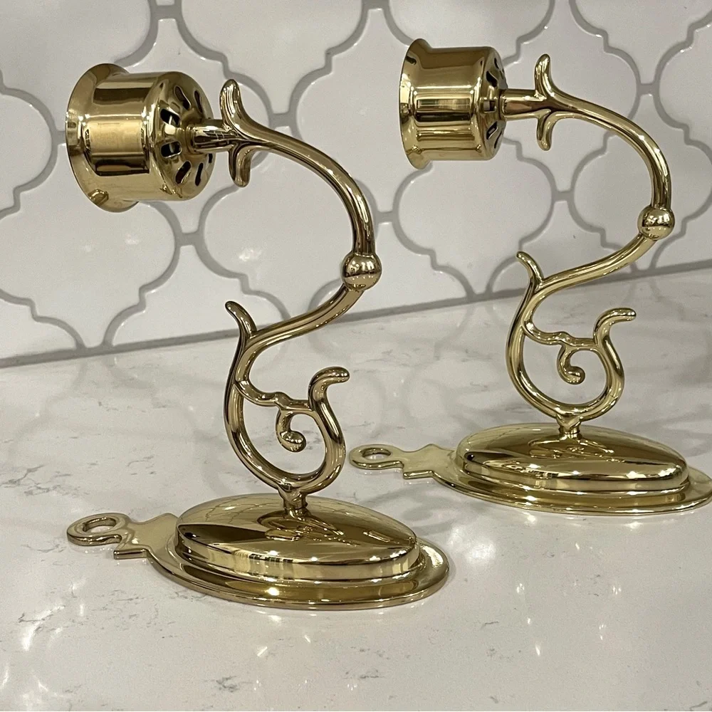 Vintage Set Of 2 Ornate Solid Brass Wall Candle Scone Holder